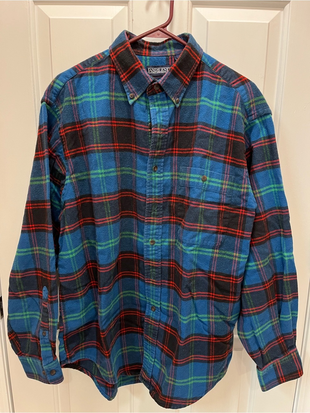 Land’s End Men’s (L) Blue Plaid Button-Down Flannel Shirt